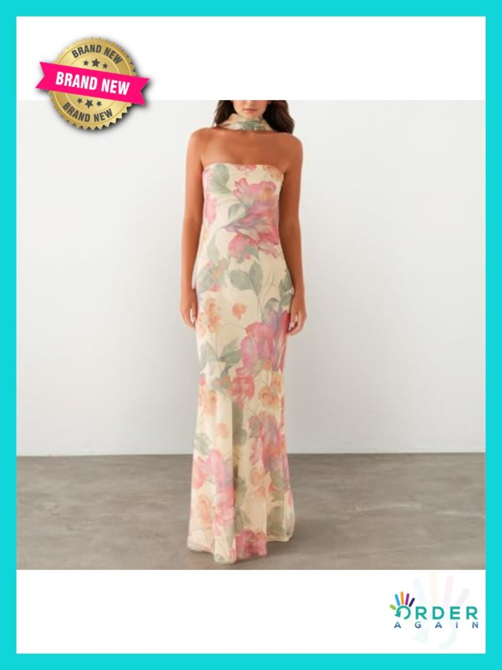 Y2K Floral Strapless Tube Maxi Dress w Scarf Mesh Bodycon Backless - Picture 3 of 6
